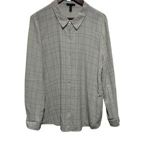 Eileen Fisher Blouse Womens XL Ivory Windowpane Plaid Long Sleeve Button Lyocell